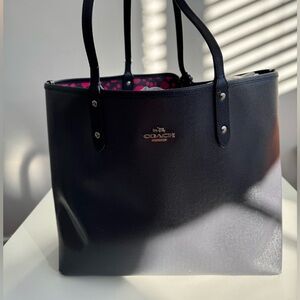 Coach Dark Blue + REVERSIBLE Pink Flower Leather Tote